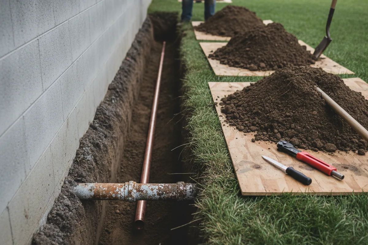 Excavated water line trench during Water Heater Repair in Townville